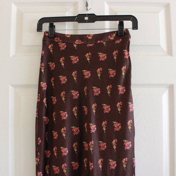 Something Navy Satin Midi Skirt Floral Print Brown - Picture 2 of 9